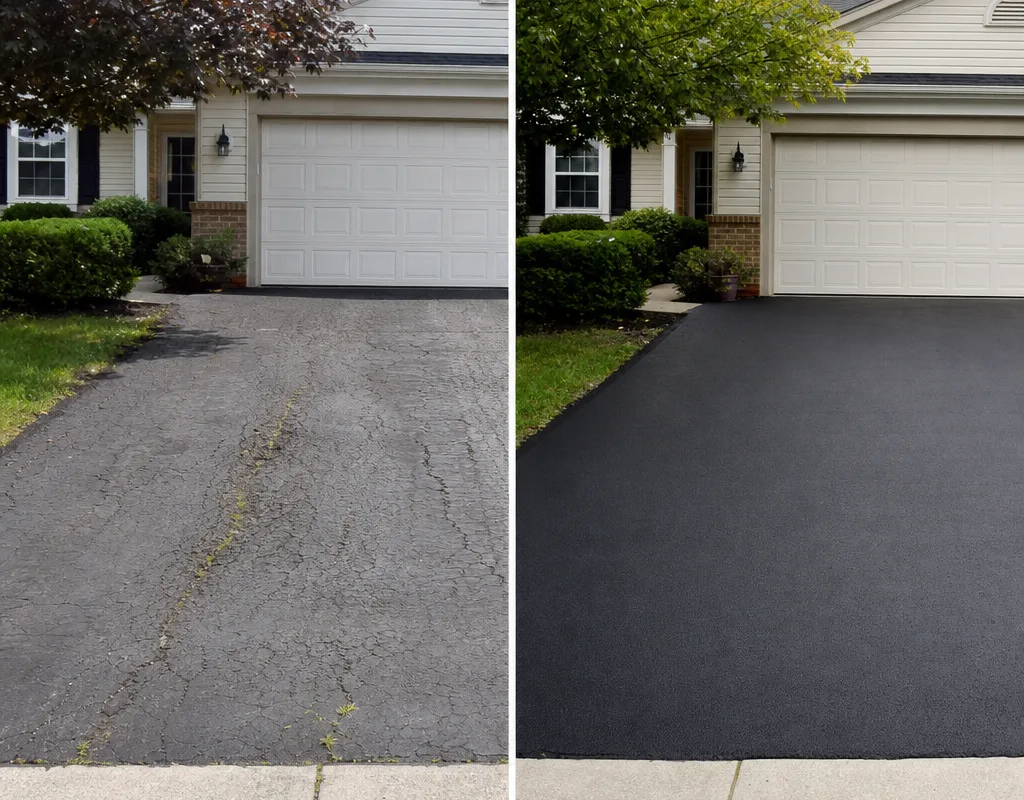 Before-and-after view of a cracked Columbus driveway resurfaced with smooth asphalt and clean garage edges