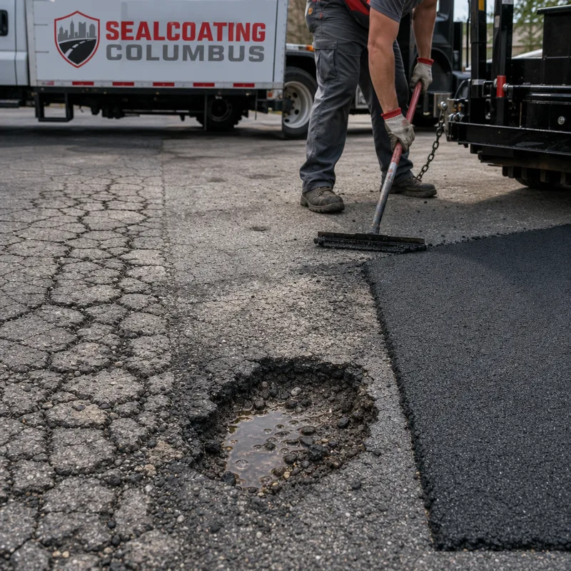 Alligator cracking, a pothole, and a clean saw-cut asphalt patch compacted flush