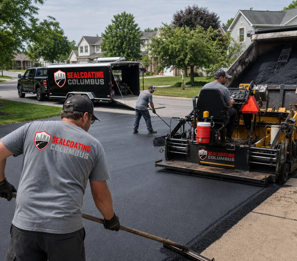 Crew paving fresh asphalt on a residential driveway with a paver and roller in a Columbus neighborhood
