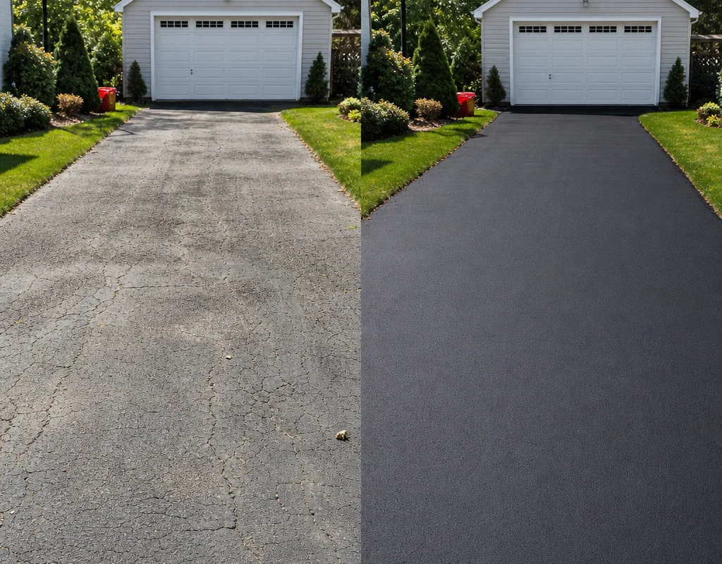 Before-and-after Columbus driveway with faded cracked asphalt and a uniform black sealcoat with clean lawn edges