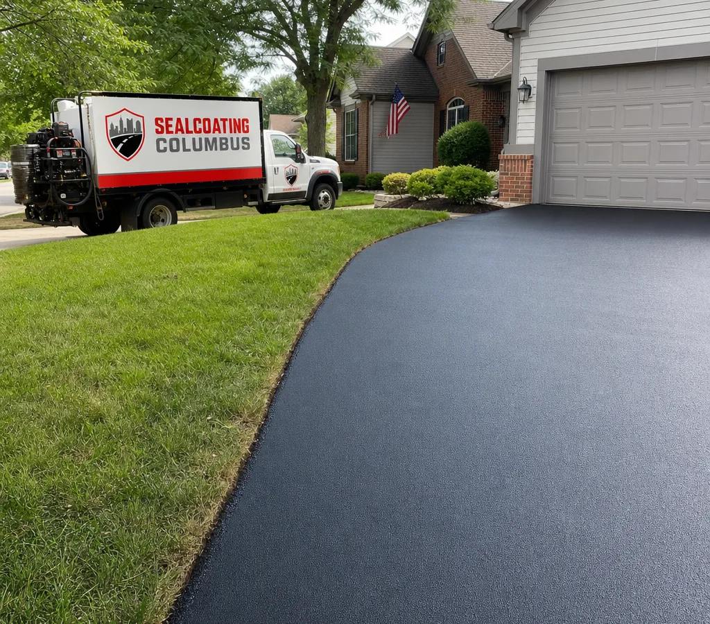 Freshly sealcoated residential asphalt driveway in Columbus with a crisp lawn edge and uniform black finish
