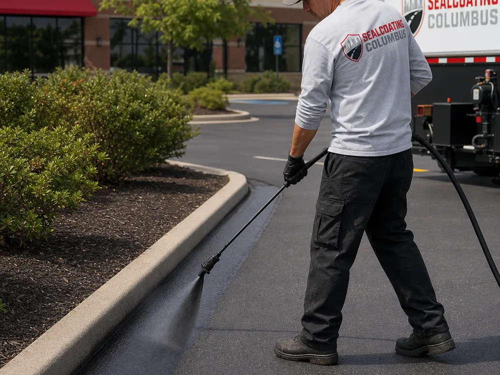 Sealcoat applied with a spray wand along a commercial curb line with a clean edge and uniform coverage