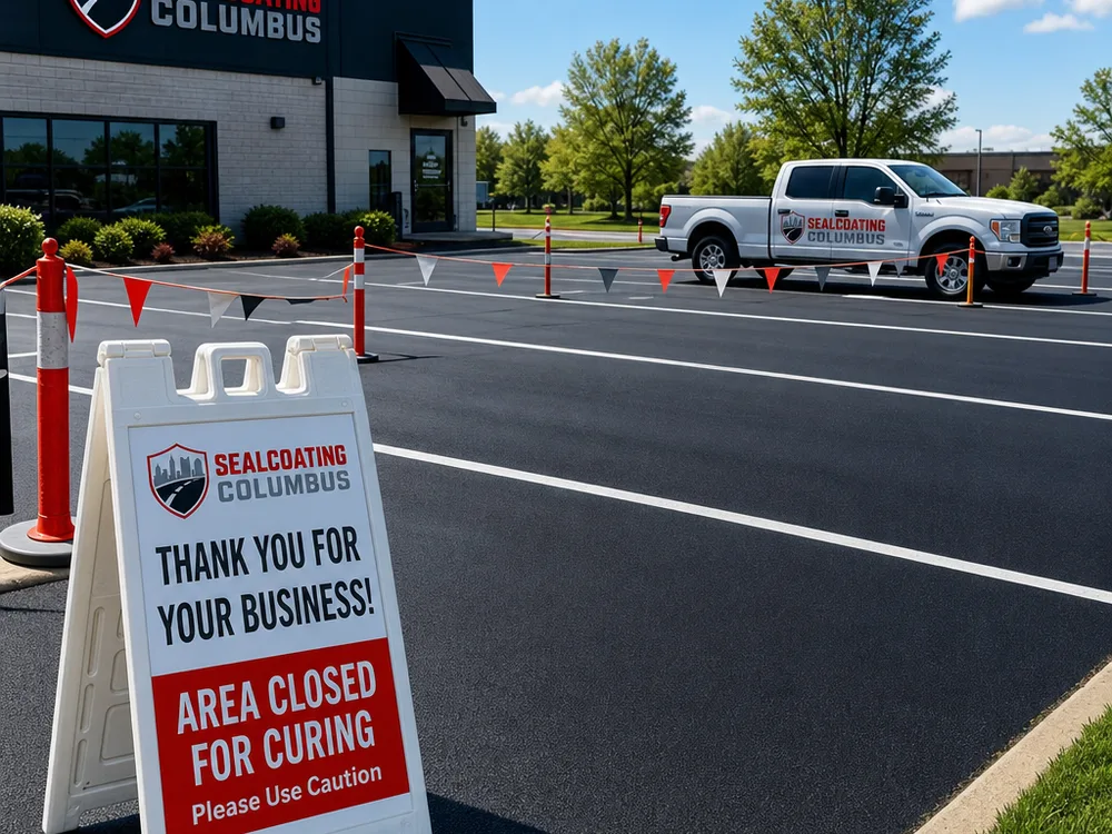 Freshly sealcoated commercial parking lot with barricaded curing sections and clear drive aisles