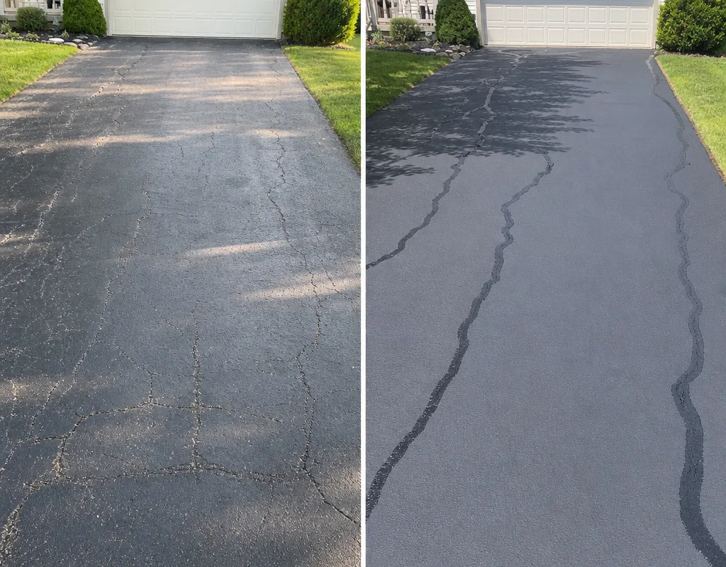 Before-and-after view of a residential asphalt driveway with open cracks and then cleanly filled joints