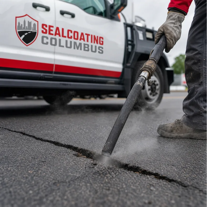 Routed asphalt crack being cleaned before hot rubber crack sealant is applied, showing clean edges and a dry surface