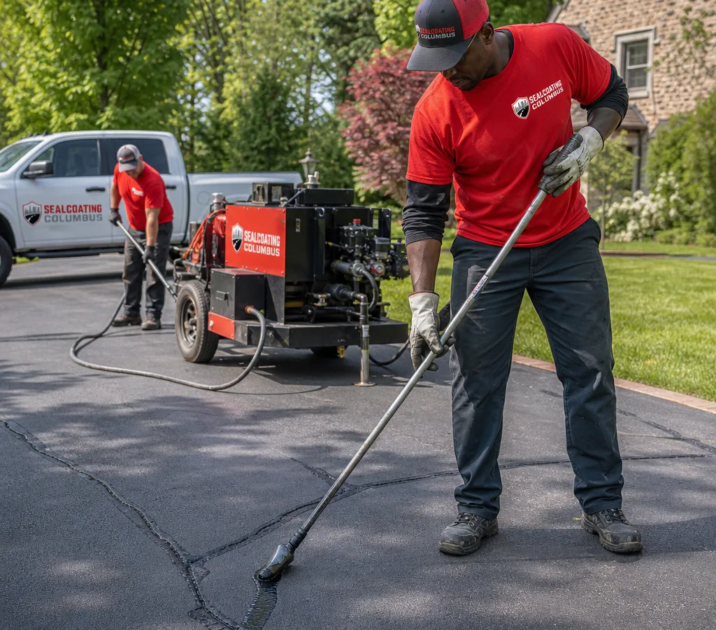 Crew applying hot rubberized crack sealant into cleaned asphalt cracks in a Columbus driveway with tools and a melter visible