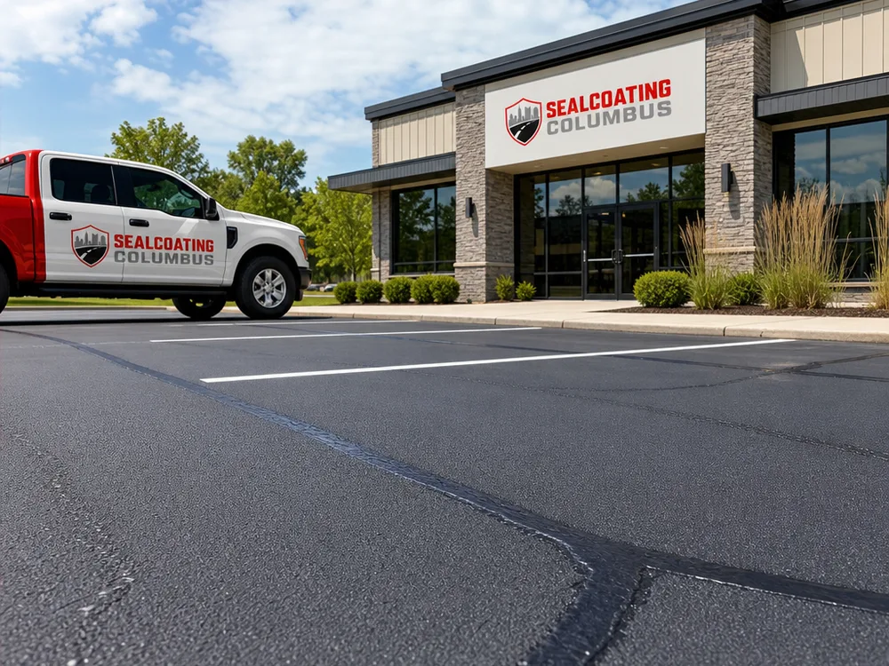 Commercial parking lot lane with multiple sealed cracks and visible striping