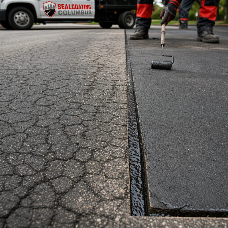 Alligator cracking beside a clean saw-cut asphalt patch boundary prepared for repair