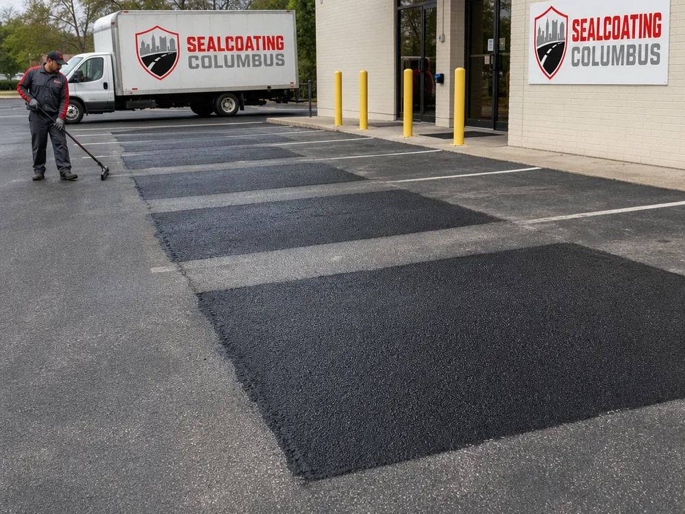 Multiple clean asphalt patches aligned with wheel paths near a commercial parking lot entrance