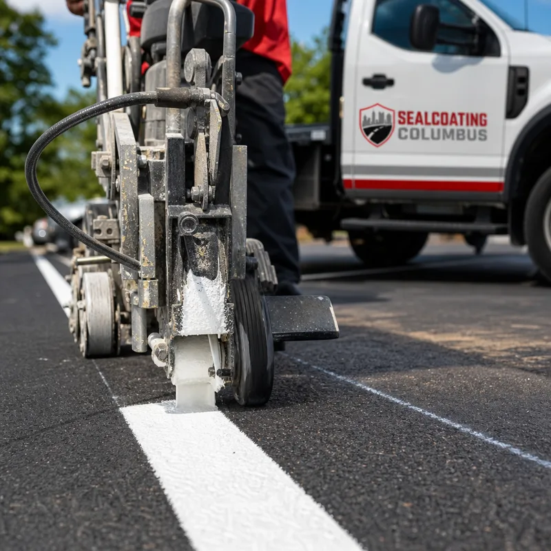 Striping machine laying a crisp white stall line on asphalt beside visible chalk layout lines
