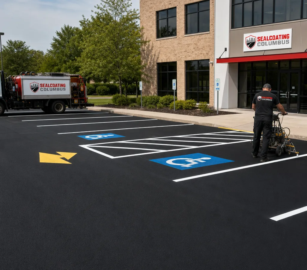 Freshly striped commercial parking lot in Columbus with bright white stalls, yellow directional lines, and clearly marked accessible spaces near an entrance