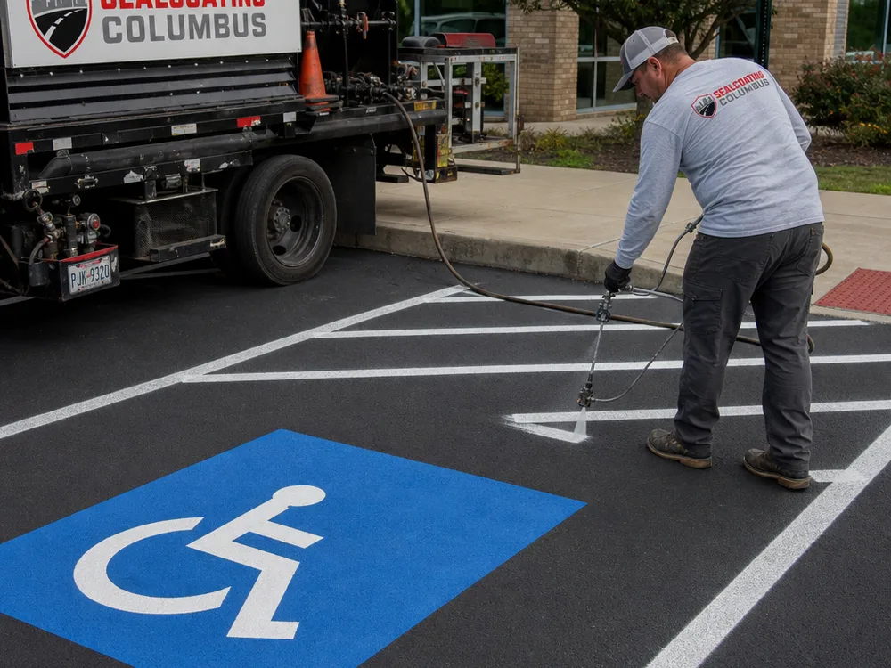 Accessible parking area being restriped with a blue wheelchair symbol, white boundaries, and diagonal access-aisle markings near a curb ramp