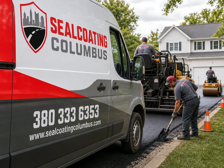 Technician applying crack sealant along a curb line near a catch basin