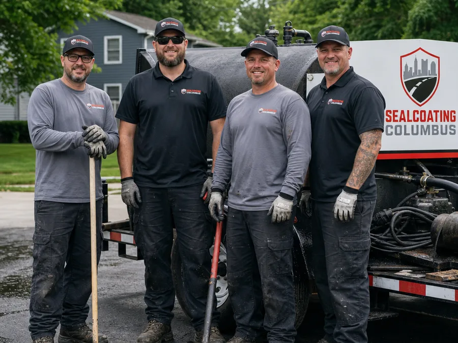Columbus sealcoating crew beside their spray unit and preparation tools